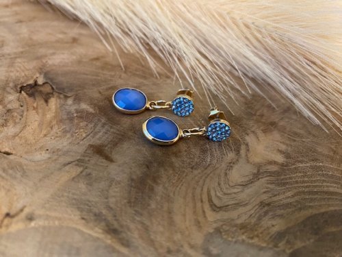 BO oorbellen goud strass blauw &amp; glashanger facet