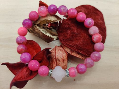 Prestige armband met Roze Agaat &amp; Rozenkwarts kruisje 8mm bolletjes