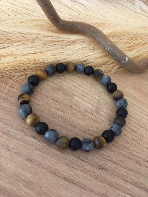 Armband met Onyx &amp; Tijgeroog &amp; Larvikiet (mat)