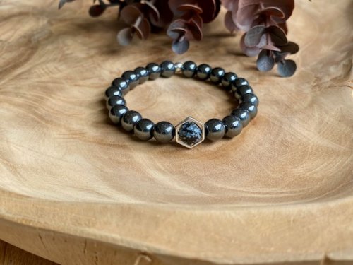 Armband unisex Hematiet &amp; Sneeuwvlokobsidaan